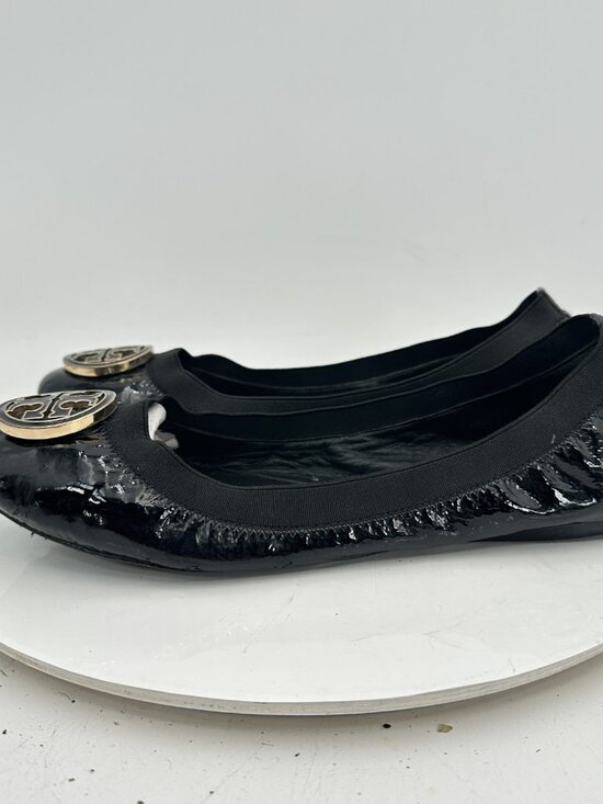Tory Burch Reva Women Size 10.5M Black Patent Leather Gold Logo Ballet Flat Shoe - Picture 10 of 11